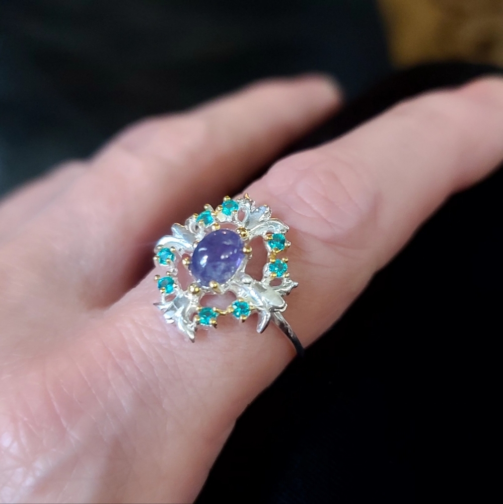 Tanzanite & aquamarine floral wreath 925 sterling ring sz9